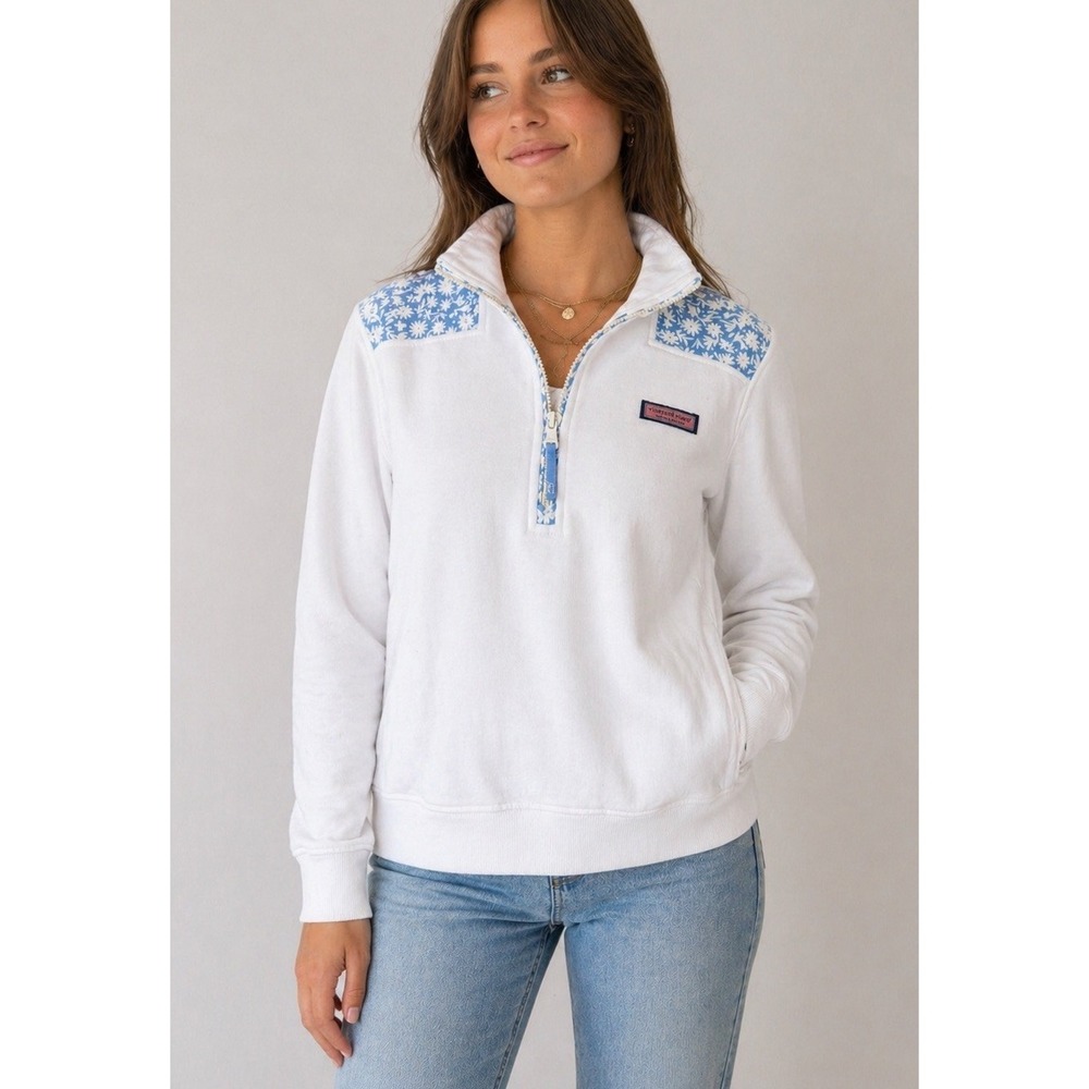 Vineyard Vines Quarter Zip Pullover Floral Blue White Size M